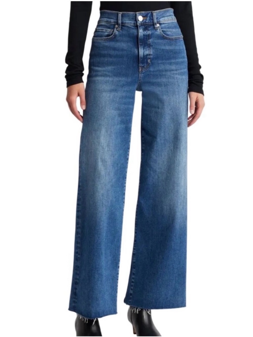 $278 Frame Denim Mermaid Blue Le Slim Palazzo Raw Fray Wide Leg Jeans 25